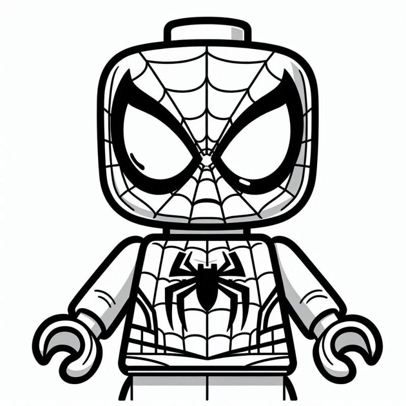 Desenho de LEGO Homem-Aranha em preto e branco para colorir com padrão de teias e emblema