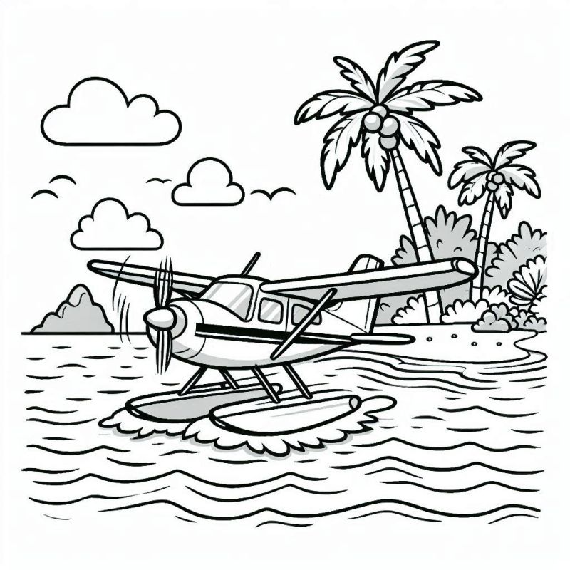 Desenho de Hidroavião na Ilha Tropical para Colorir