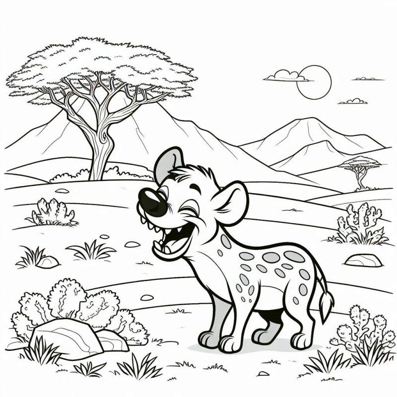 Desenho de Hiena Rindo na Savana Africana para Colorir