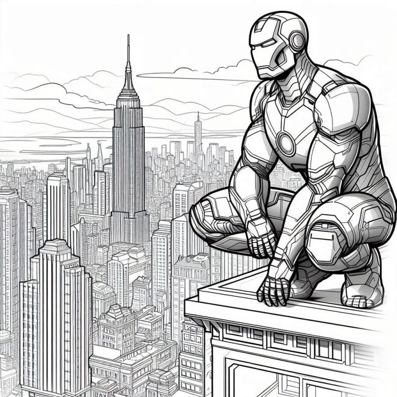 Desenho Detalhado do Homem de Ferro com Paisagem Urbana para Colorir