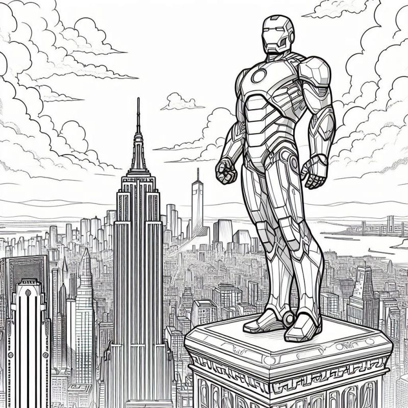 Desenho do Homem de Ferro sobre edifício clássico para colorir