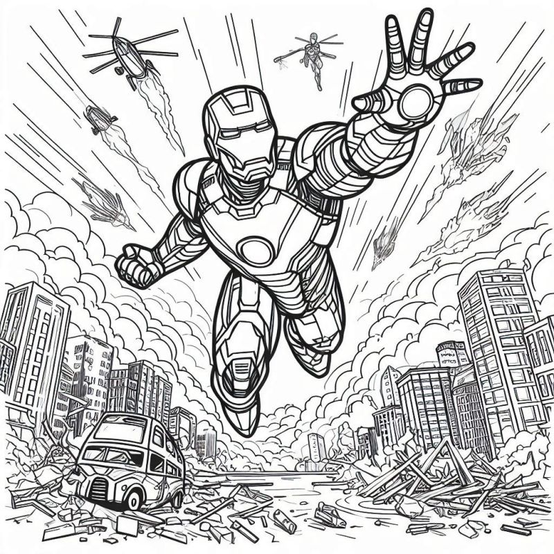 Desenho do Homem de Ferro voando em direção à frente, com uma cidade destruída ao fundo para colorir