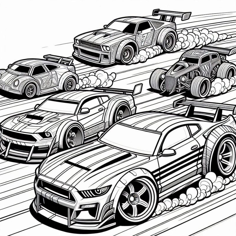 Desenho Hot Wheels: 5 Carros em Ação para Colorir