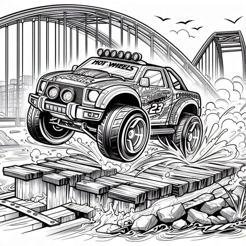 Desenho de carro Hot Wheels off-road saltando sobre ponte