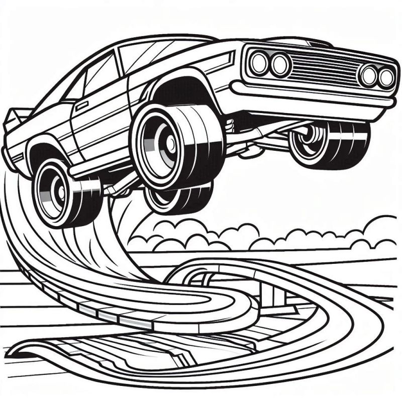 Desenho de um carro Hot Wheels em pleno salto para colorir