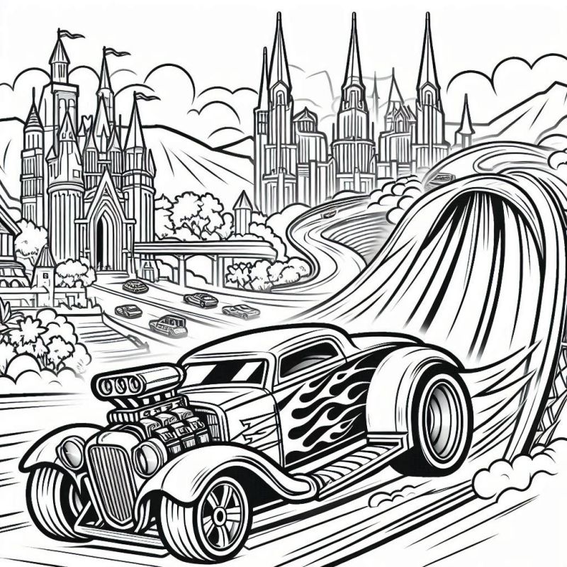 Desenho de carro clássico Hot Wheels com castelo ao fundo para colorir