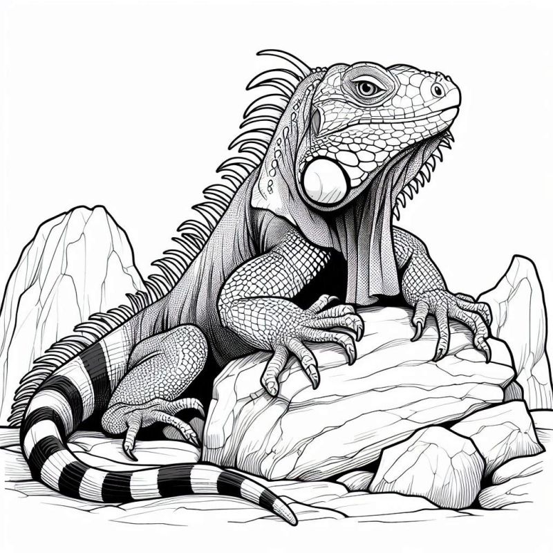 Desenho de iguana realista em cenário natural para colorir