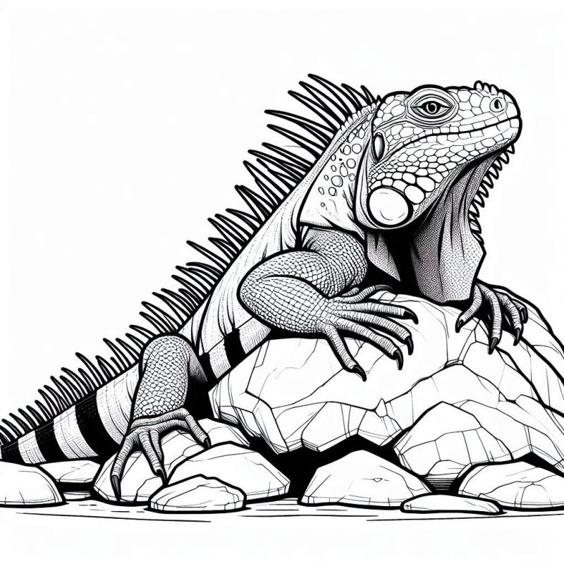 Desenho detalhado de uma iguana em repouso sobre rochas para colorir grátis