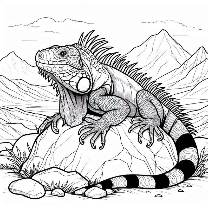 Desenho de iguana detalhado sobre pedra para colorir