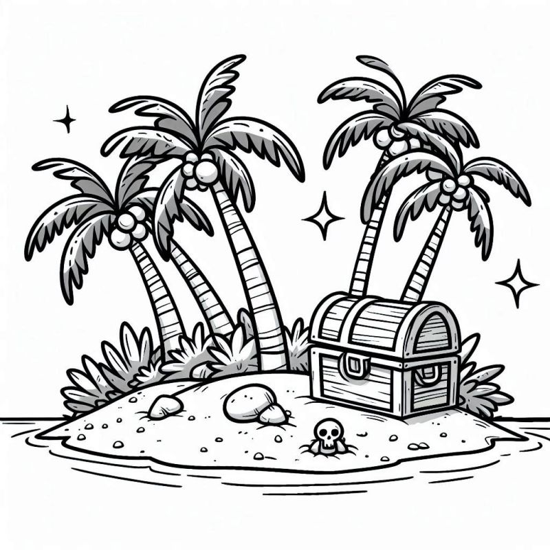 Desenho de Ilha com Piratas e Tesouro para Colorir