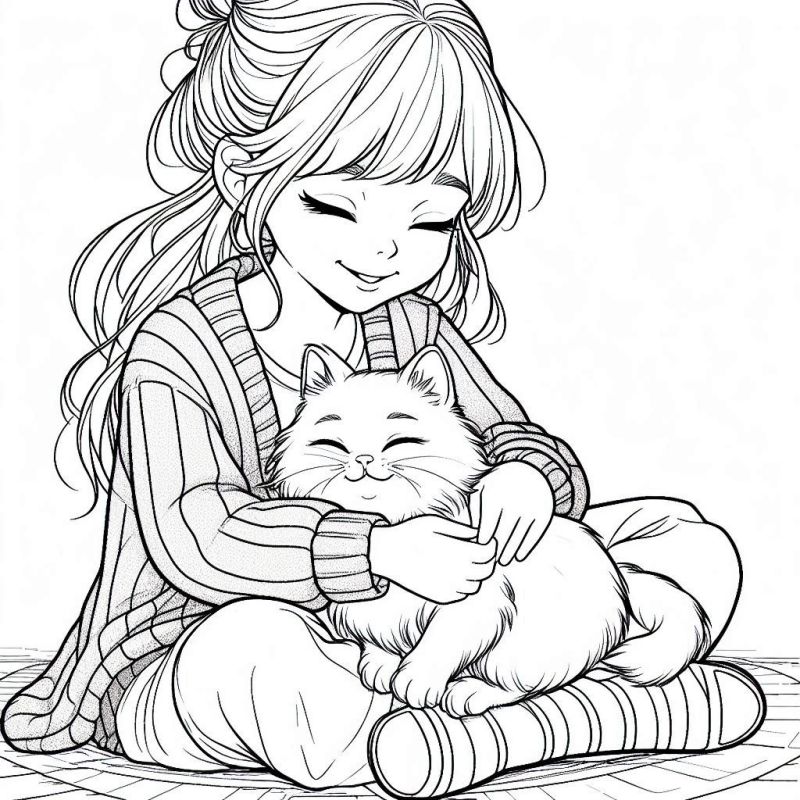 Desenho de Menina com Gatinho para Colorir