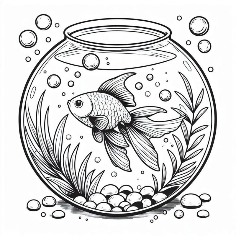 Desenho em preto e branco de um aquário redondo clássico com um peixe dourado nadando, bolhas e plantas aquáticas