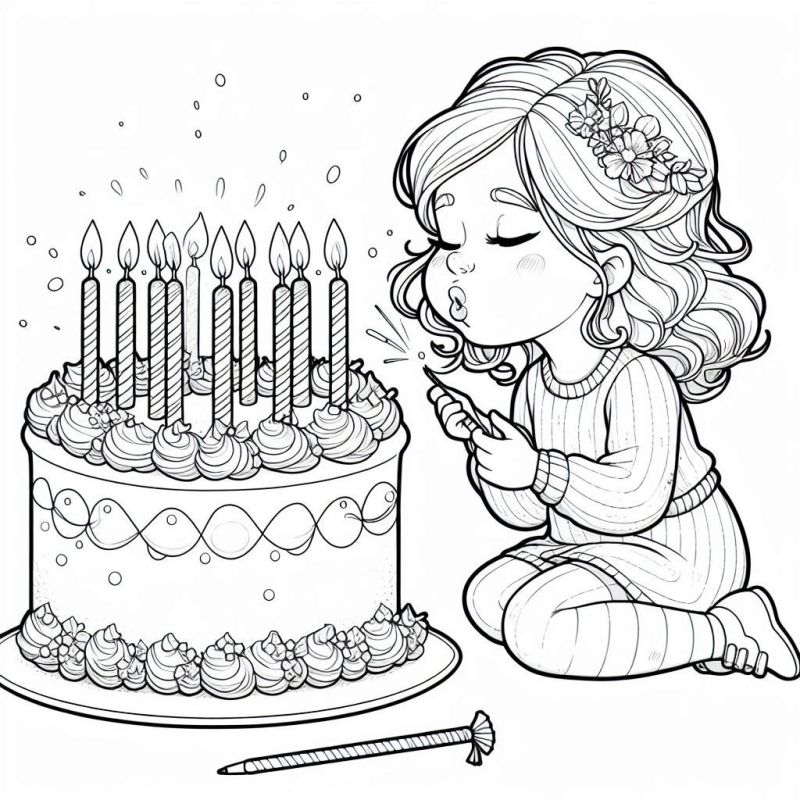 Desenho de criança soprando as velas do bolo de aniversário para colorir