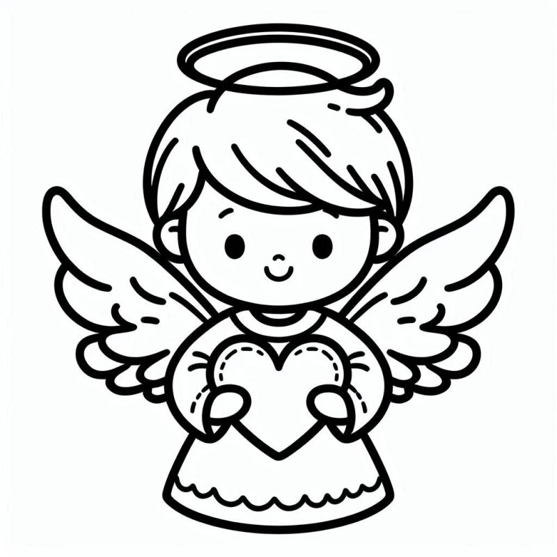 Desenho de anjo infantil com coração para colorir