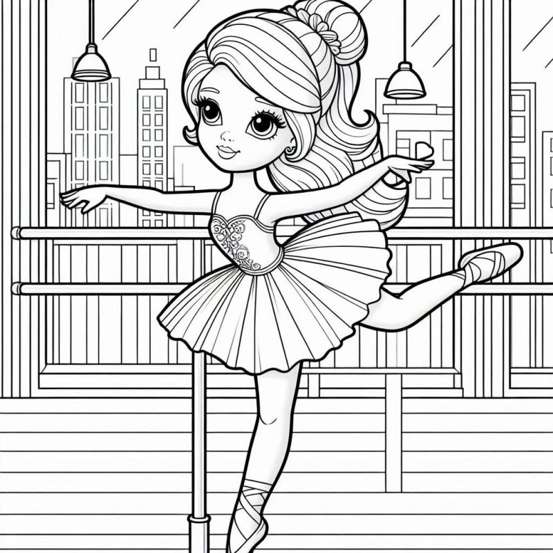 Desenho de uma graciosa bailarina infantil no estúdio de dança, ideal para colorir.