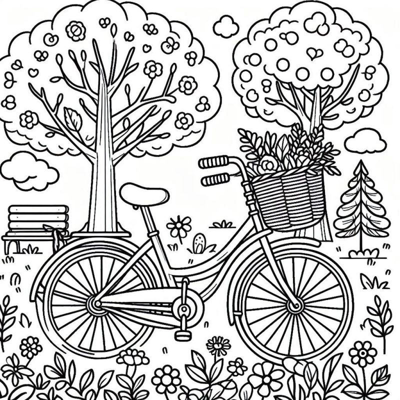 Bicicleta clássica com cesto de flores no parque para colorir