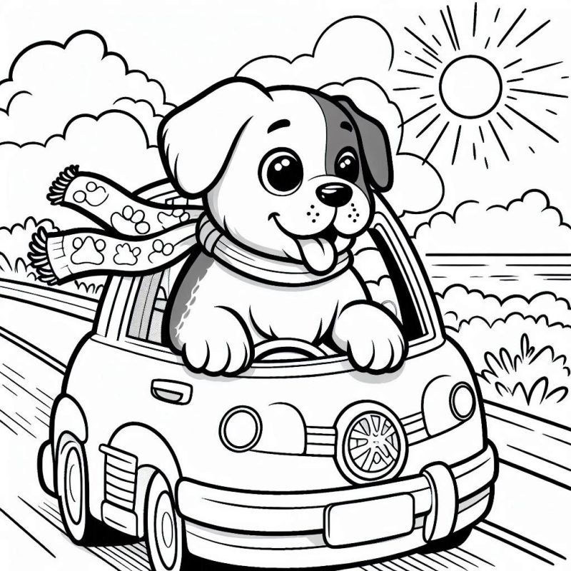 Desenho de Filhote de Cachorro Alegre Dirigindo um Carro para Colorir