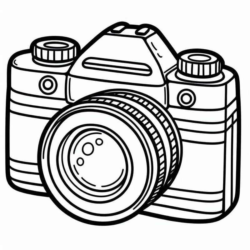 Desenho de uma câmera fotográfica estilo DSLR para colorir