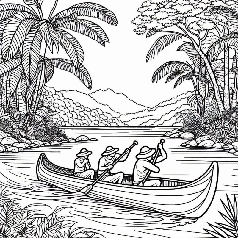 Ilustração de cenário aquático com canoa e personagens para colorir