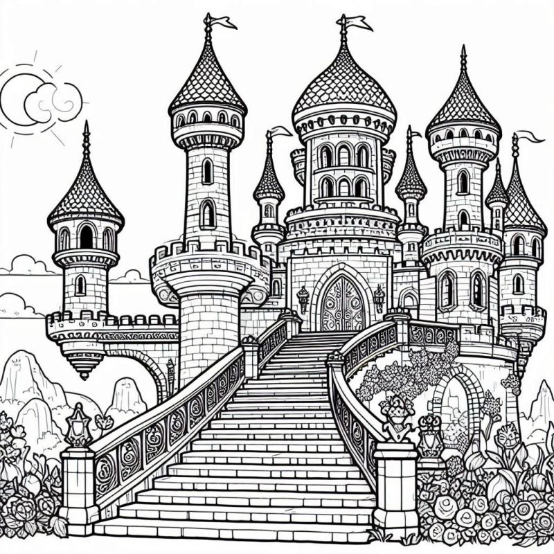 Desenho de um castelo majestoso medieval com torres e jardins para colorir