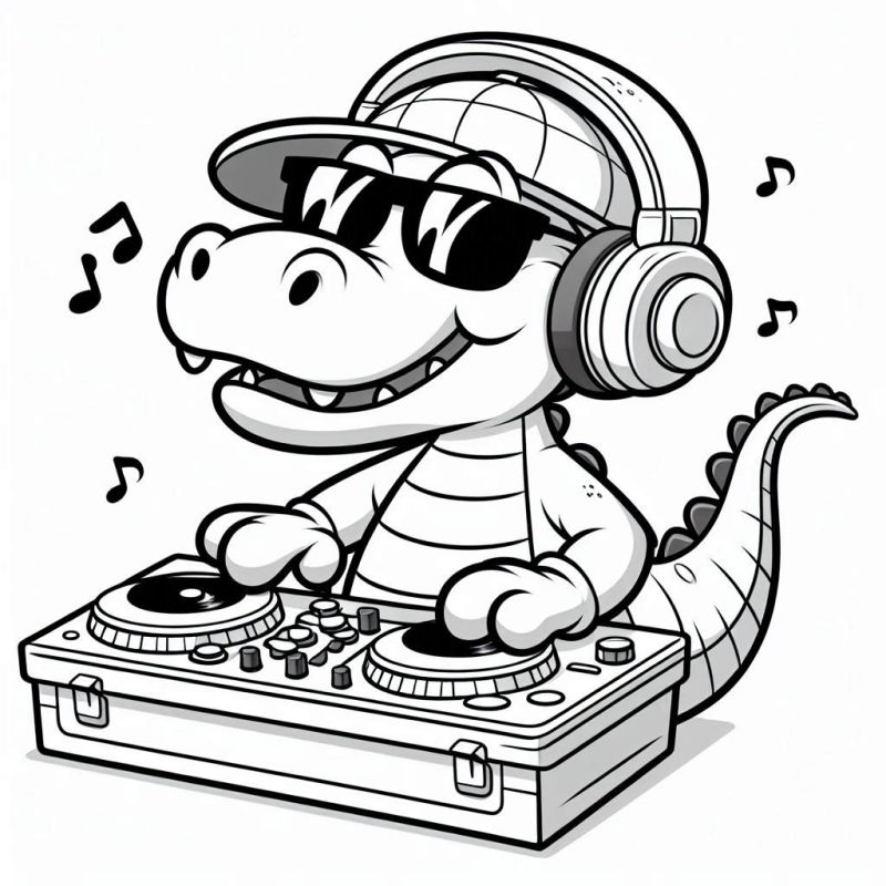 Desenho de crocodilo DJ divertido para colorir com cap e fones