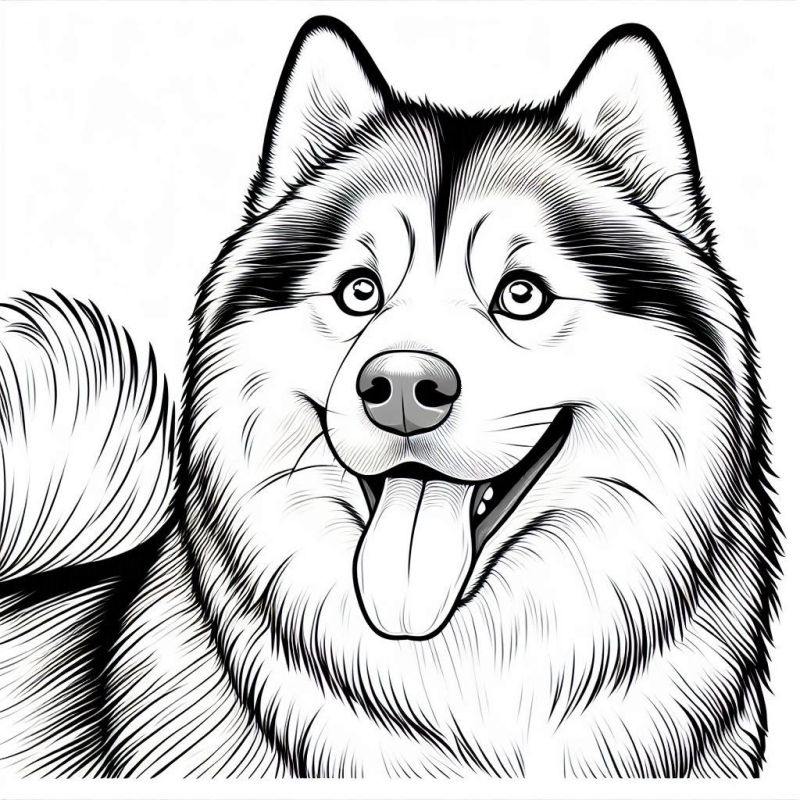 Desenho de Husky Siberiano com Expressão Alegre para Colorir