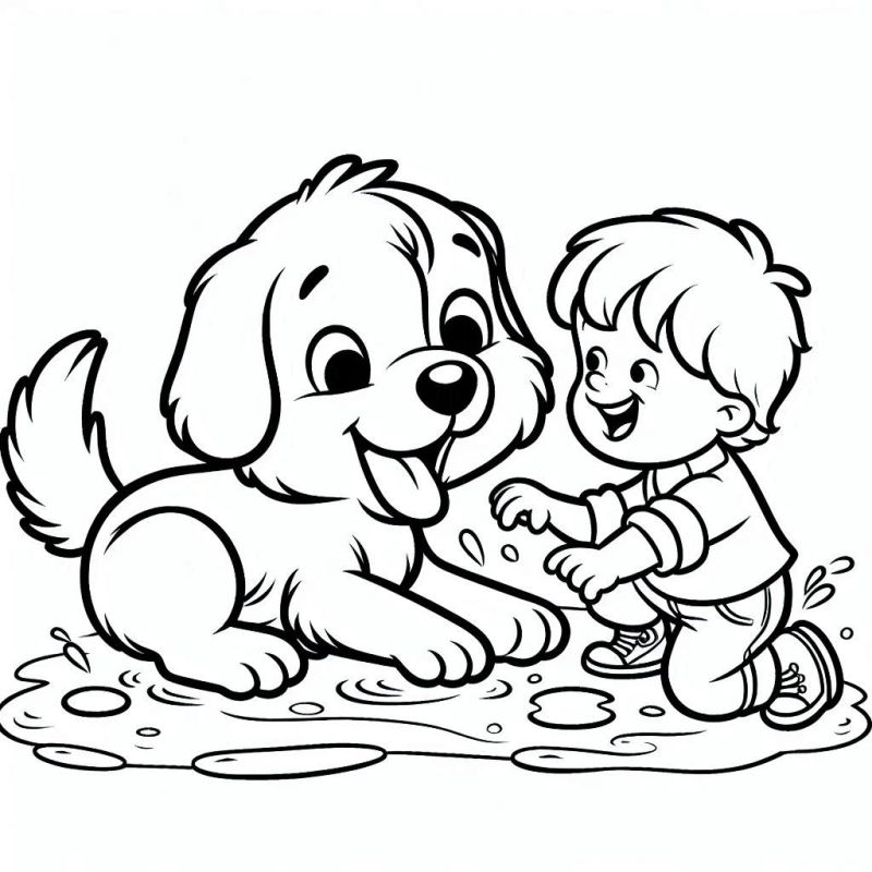 Desenho para Colorir de Criança e Cachorrinho Brincando em Poça de Água