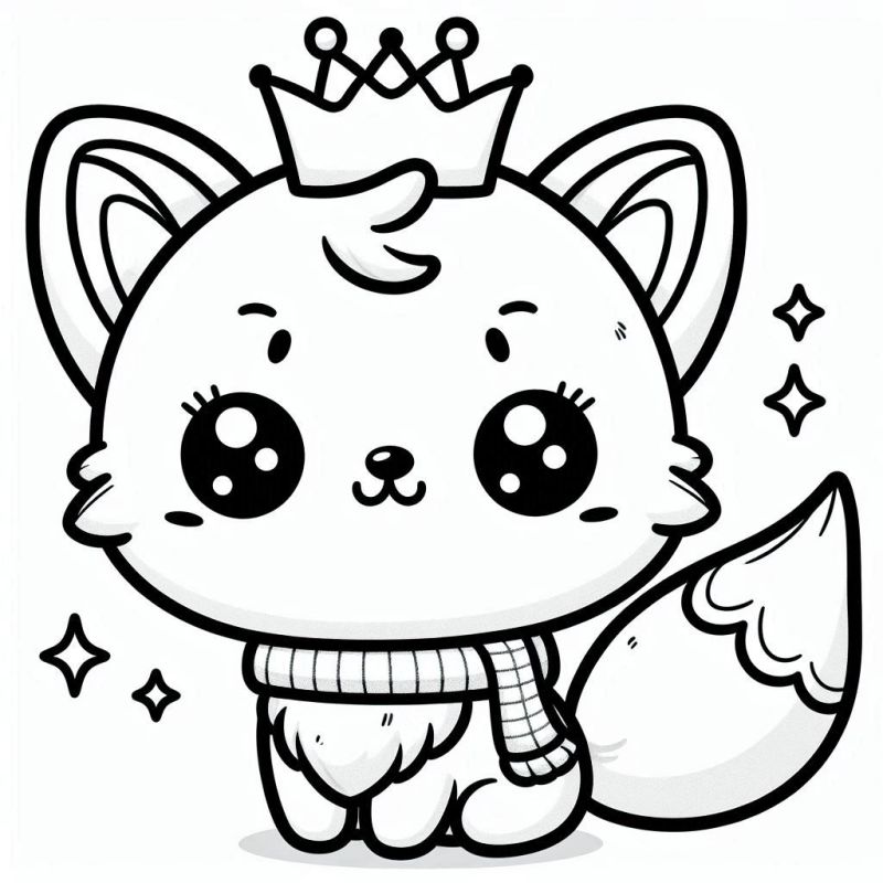 Desenho Kawaii Fofinho de Gato ou Raposa com Coroa e Cachecol para Colorir