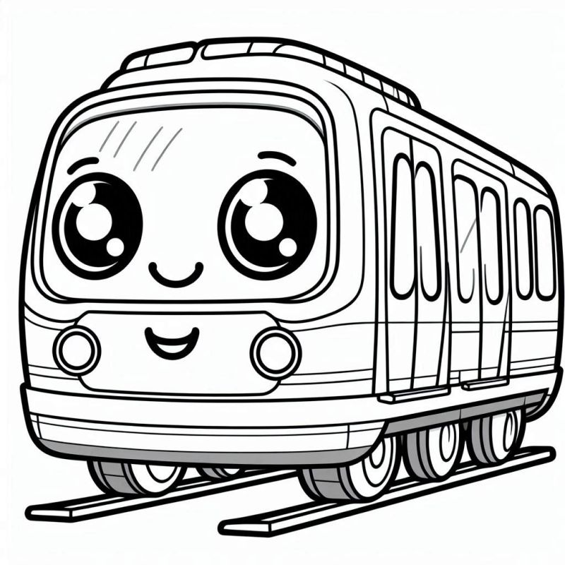 Desenho de trem fofo para colorir com frente e olhos grandes e alegres.