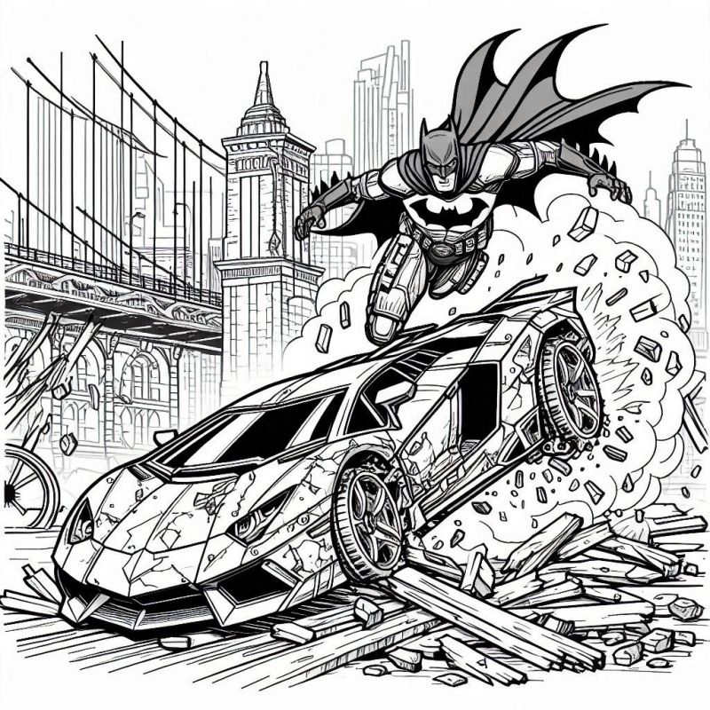 Desenho em alta velocidade do Batman em ação sobre um carro danificado em Gotham