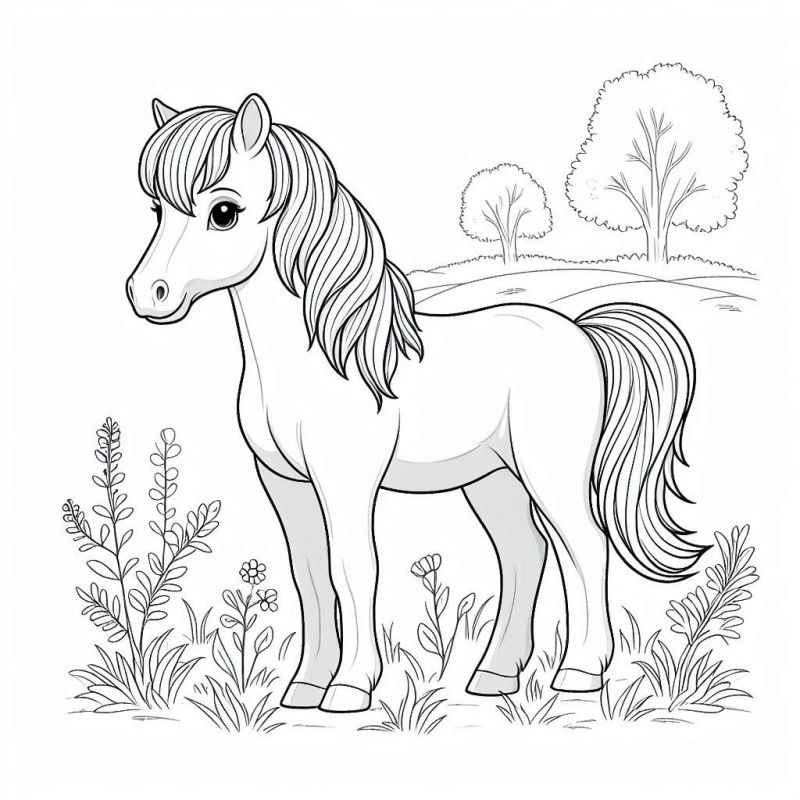 Desenho Detalhado de Cavalo em Cenário Natural para Colorir