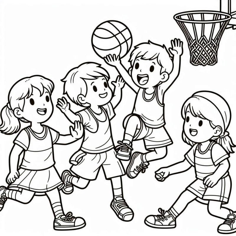 Desenho para Colorir: Crianças Jogando Basquete