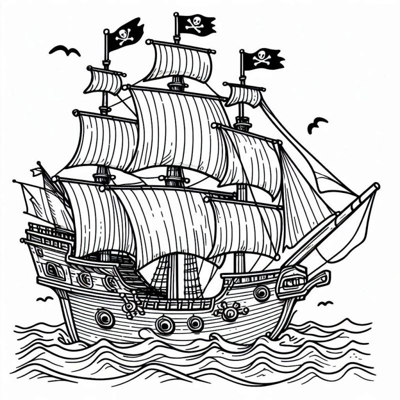 Desenho detalhado de um navio pirata navegando sobre águas agitadas, ideal para colorir.