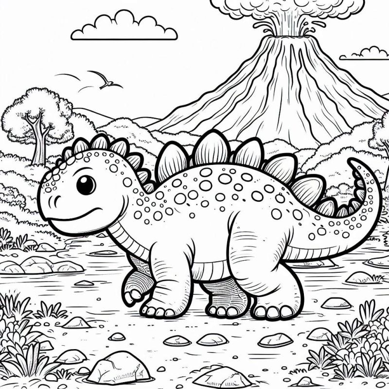 Desenho de Dinossauro Amigável em Cenário Pré-Histórico para Colorir