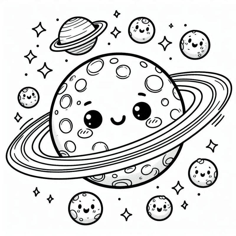 Desenho para colorir de um planeta anelado com luas e estrelas brilhantes