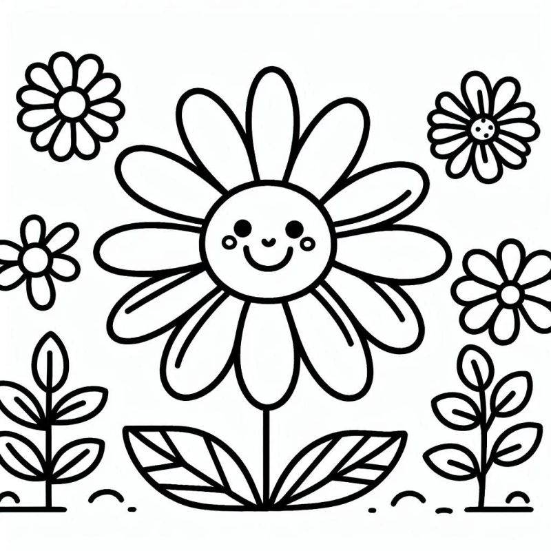 Desenho de flor grande e sorridente com flores menores ao redor para colorir