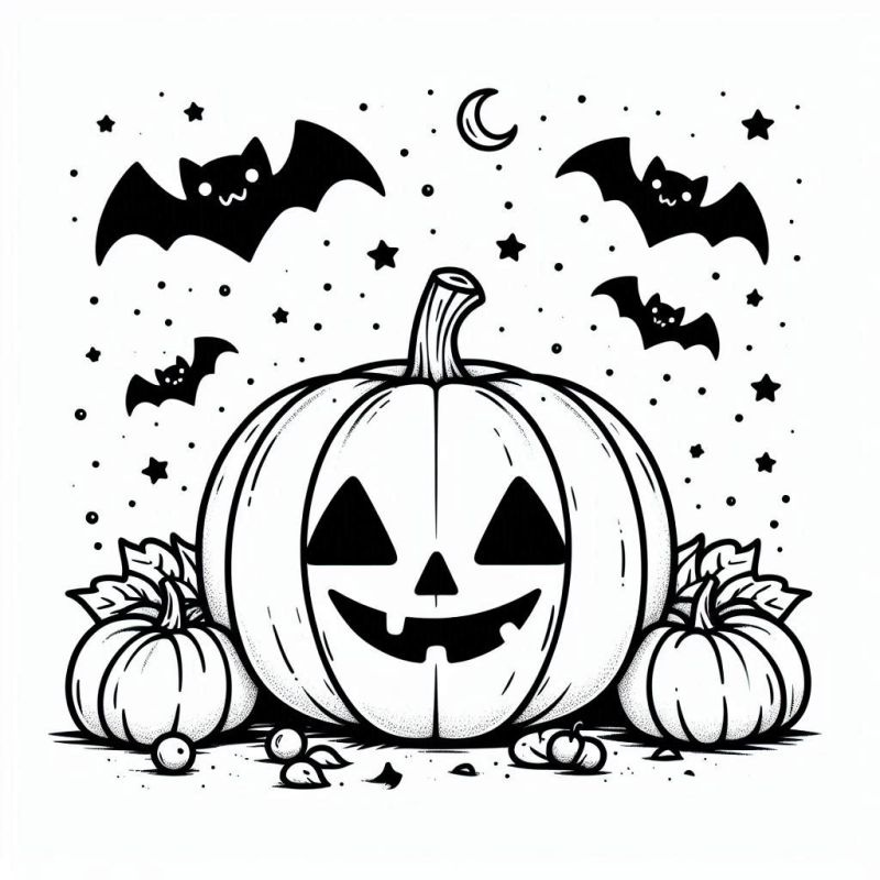 Imagem clássica de Halloween para colorir com abóboras esculpidas e morcegos