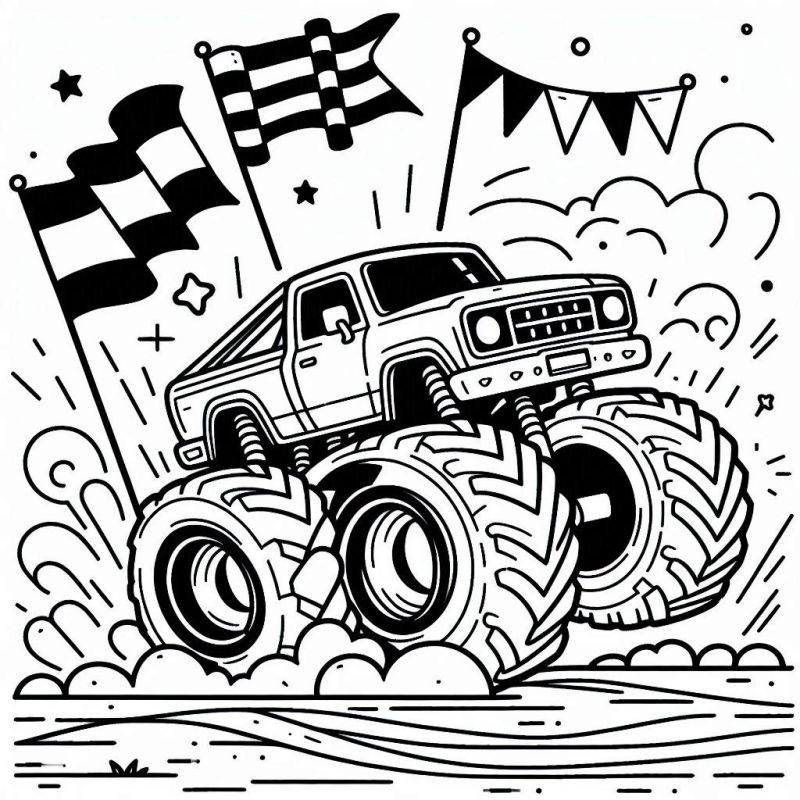 Desenho para colorir de Monster Truck saltando com poeira ao fundo