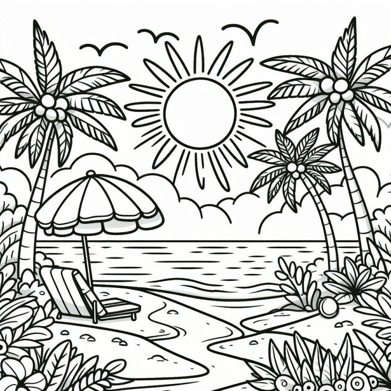 Paisagem Praiana Detalhada para Colorir