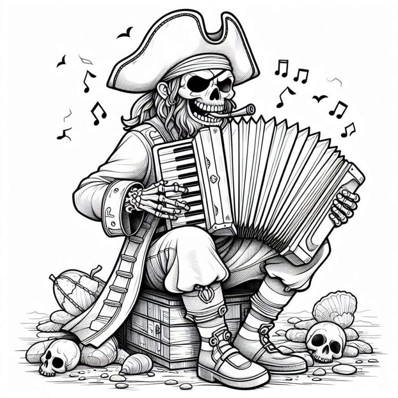 Desenho de esqueleto pirata sentado no baú de tesouro tocando acordeão, ideal para colorir