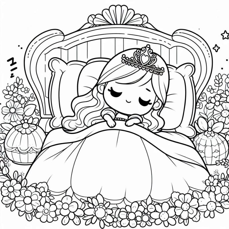 Desenho de Princesa Dormindo Calmamente para Colorir