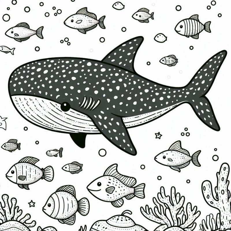 Desenho detalhado de tubarão-baleia em um cenário marinho para colorir