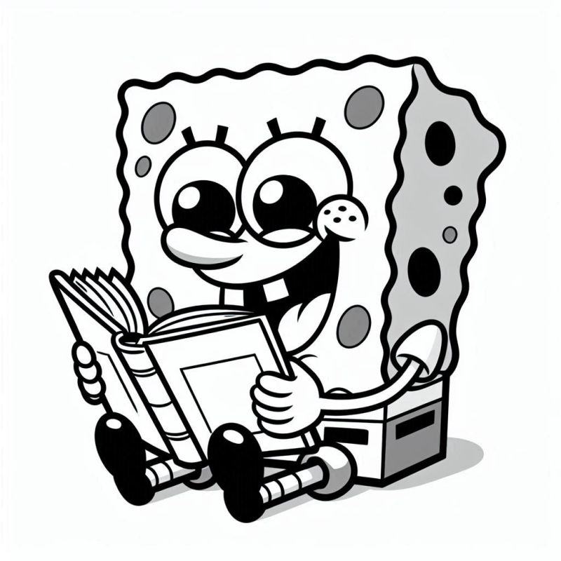 Desenho do Bob Esponja animado lendo um livro