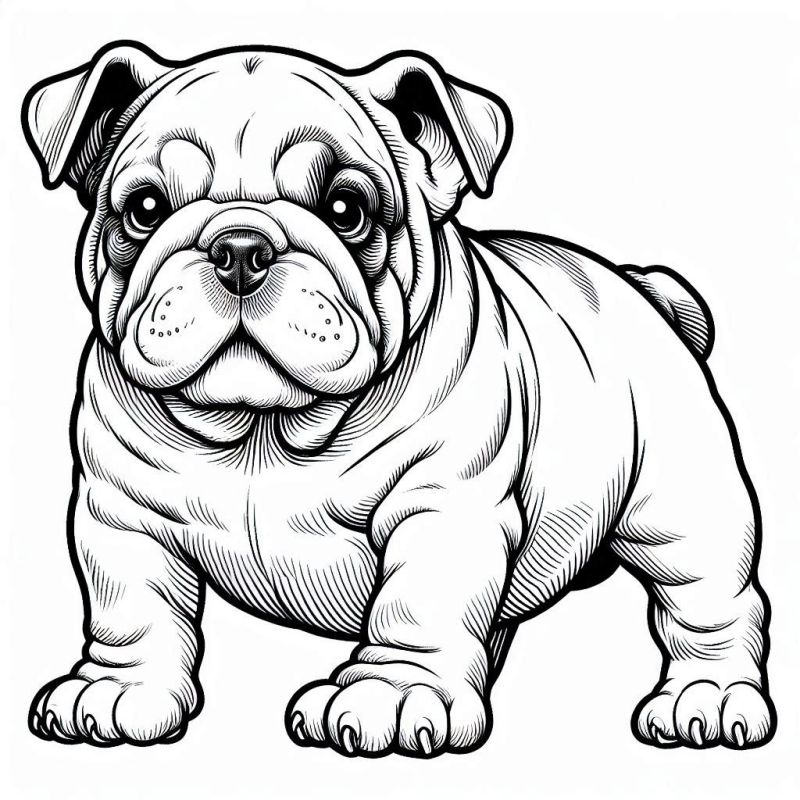 Desenho ilustrado de um Bulldog em pé, para colorir.