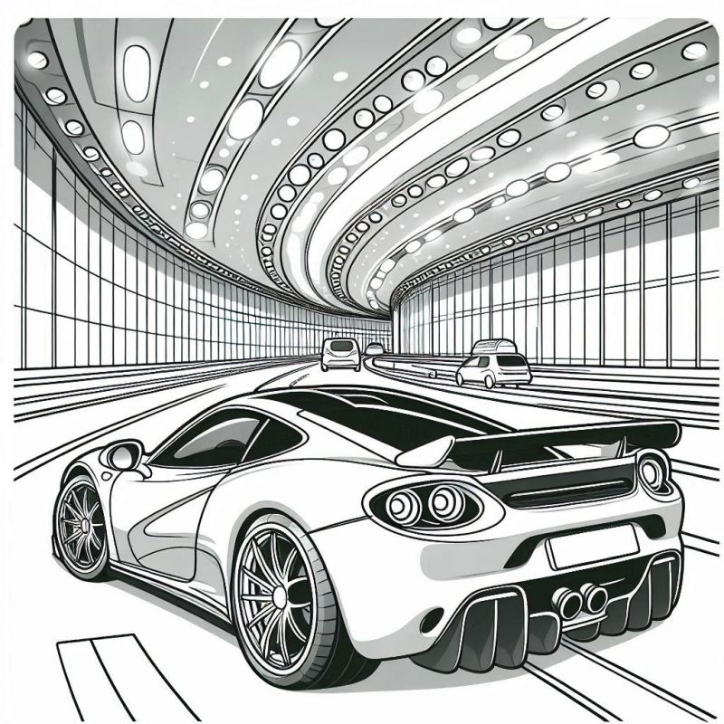 Desenho de Carro Esportivo em Túnel Futurista para Colorir