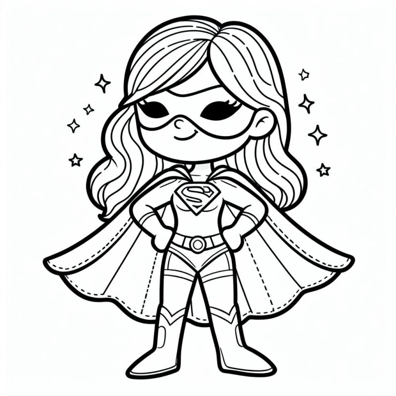 Desenho de uma super-heroína para colorir, com um uniforme clássico, máscara e capa esvoaçante.