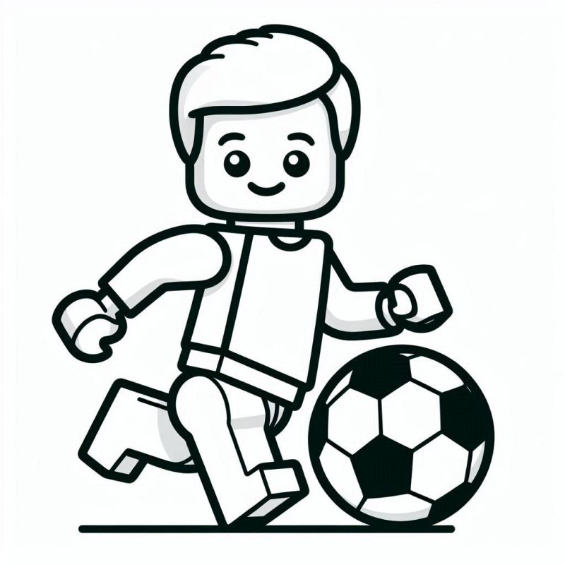 Desenho de minifigure de Lego jogando futebol para colorir