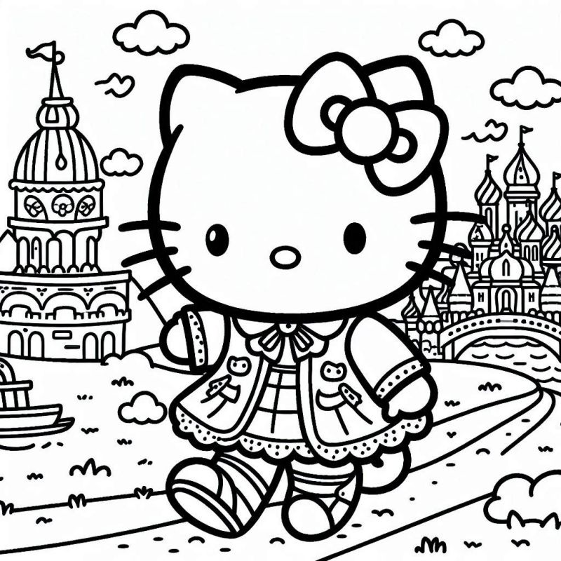 Desenho de Hello Kitty no Cenário Turístico para Colorir