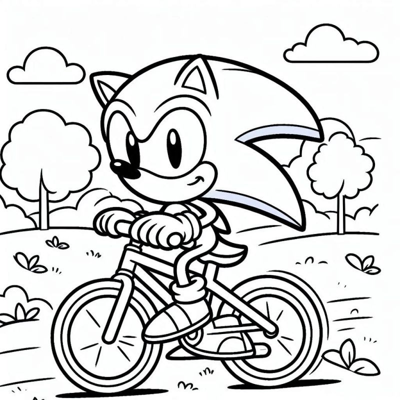 Desenho do Sonic pedalando uma bicicleta para colorir