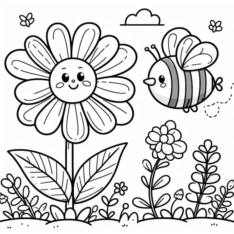 Desenho de Flor Sorridente e Abelha para Colorir